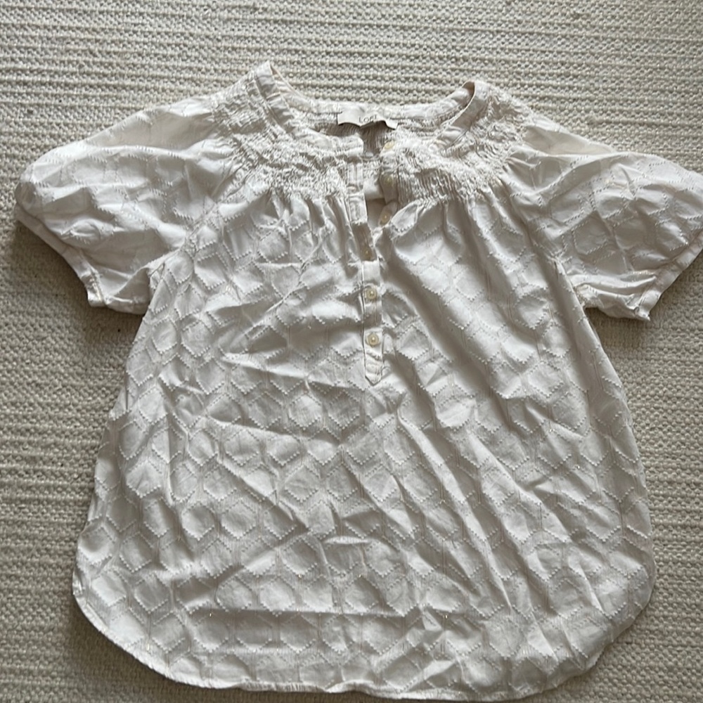 Loft white top with gold threading and smocking at neckline size Small